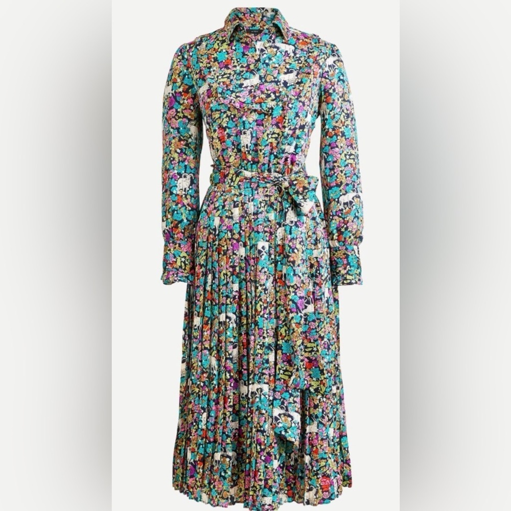 Grazing Goat Pleated Floral Midi Dress Collar Long Sleeve Animal Artsy Novelty 2 - Picture 5 of 9